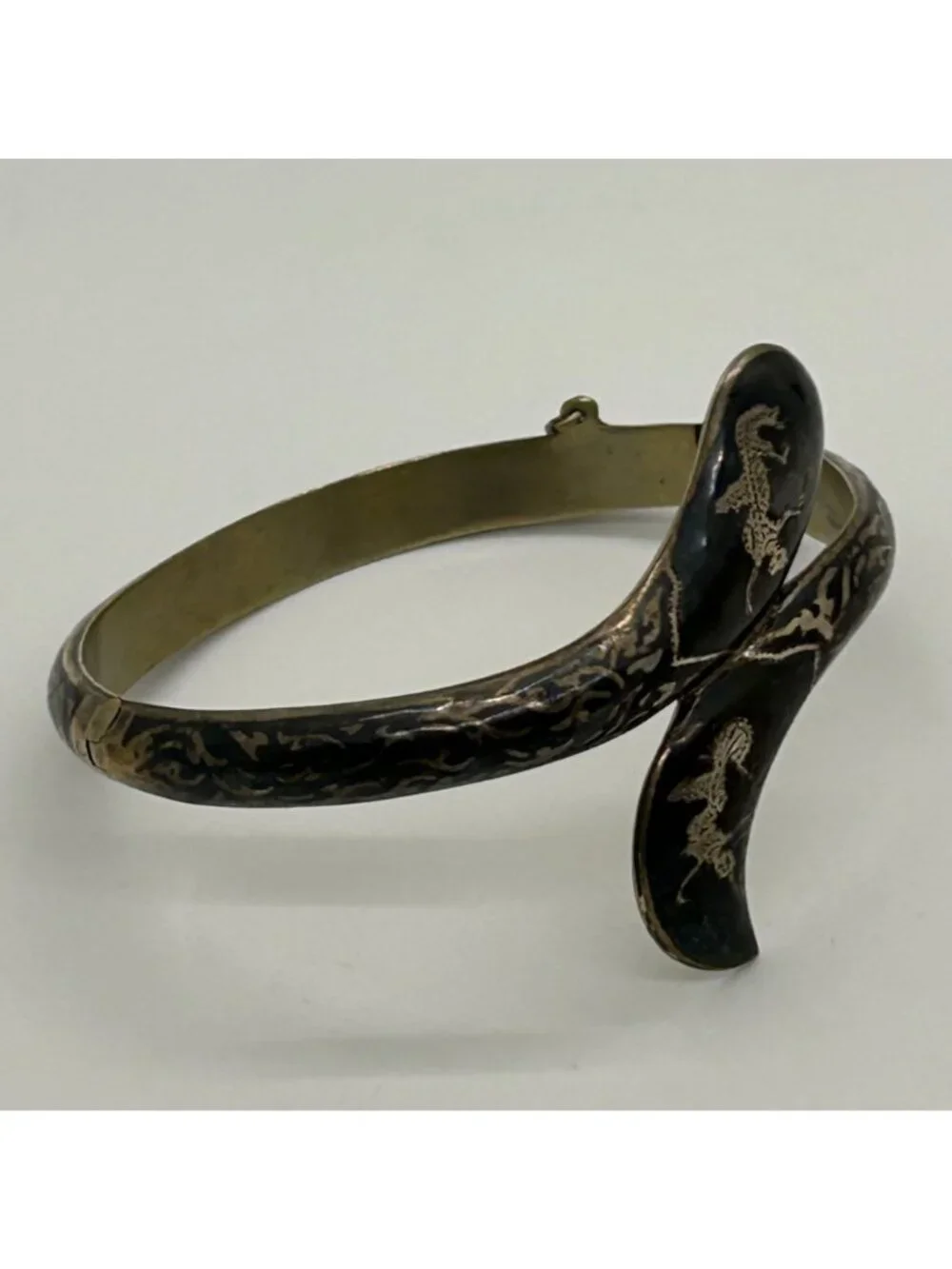 Vintage Siam Niello Bangle Bracelet Thai Black Enamel Hinged Chain Closure
